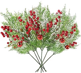 Photo 1 of 6pcs Snowy Artificial Cedar Picks, 19.5" Frosted Faux Cedar Spray Branches with Red Berry & Ring Bell Plastic Christmas Cypress Greenery Pine Stems for DIY Garland Christmas Tree Holiday Decor