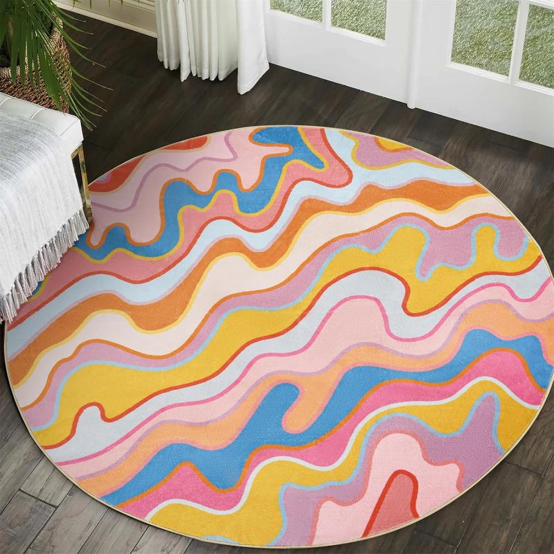 Photo 1 of Aldopein Cute Pink Blush Nursery Rug, Stain Resistant Washable 4ft Roud Throw Area Rug, Colorful Striped Abstract Groovy Aesthetic Funky Accent Bedroom Rug...

