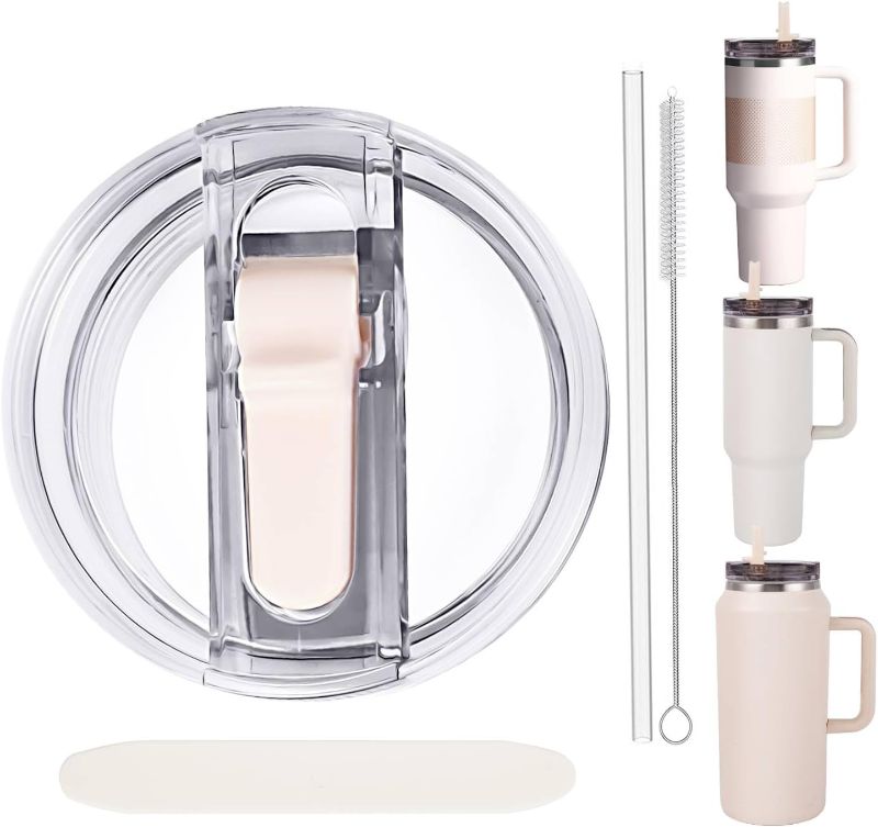 Photo 1 of Replacement 40oz Leak Proof Tumbler FLIP Lid With Straw - Fit For Stanley ProTour Quencher 40oz and Quencher H2.0 40oz,64oz Tumbler (Cream-A, 40oz and 64oz)