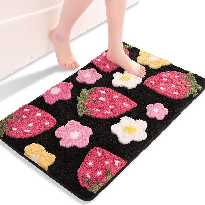 Photo 1 of Anybar Black Bathroom Rugs Cute Strawberry Flower Bath Mat Bathroom Accessories, Funny Colorful Non Slip Floor Bath Rug Machine Washable Bathmat Soft Microfiber Carpet for Shower, Bathtub (20x32 inch)
