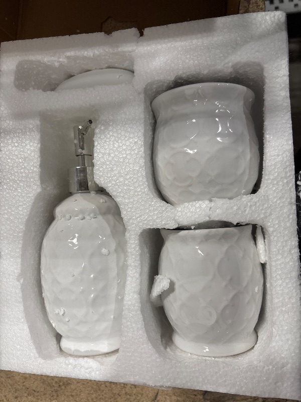 Photo 1 of Designer 4-Piece Bathroom Accessory Set – Ceramic Bath Set w/Liquid Soap or Lotion Dispenser, Toothbrush Holder, Tumbler and Soap Dish – Decorative Set w/Embossed Details – Modern Vanity Accessories