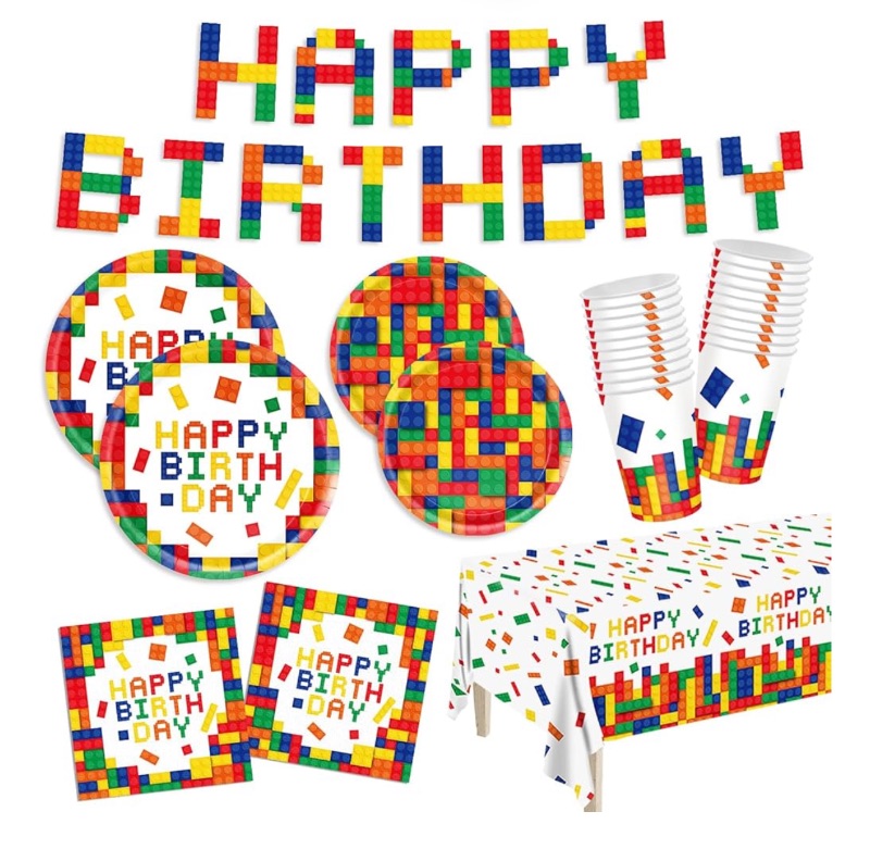 Photo 1 of 122pcs Building Block Plates Napkins Birthday Party Supplies Colorful Building Block Party Decorations Banner Tablecloth Cups Party Tableware Set Boys Kid’s Serve 30