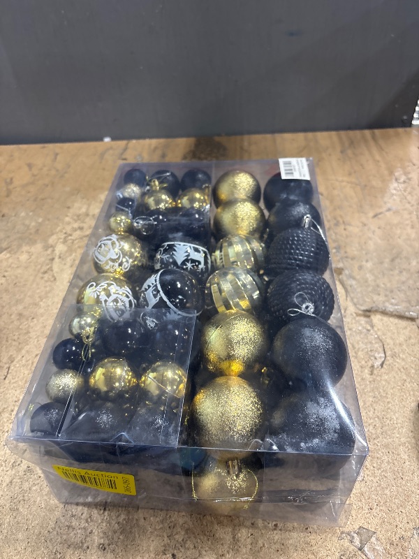 Photo 1 of 102PCS Black & Gold Christmas Ornaments - Assorted Plastic Shatterproof Balls for Xmas Tree Decorations