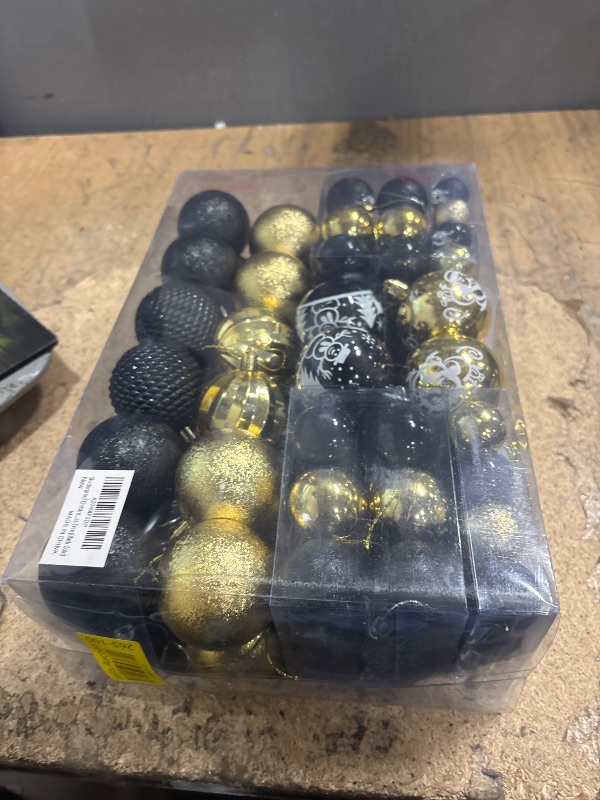 Photo 1 of 102PCS Black & Gold Christmas Ornaments - Assorted Plastic Shatterproof Balls for Xmas Tree Decorations