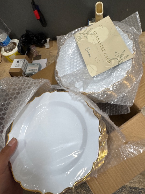 Photo 1 of *ONLY SMALL PLATES* Nervure 175PCS White and Gold Plastic Plates - Disposable Dinnerware Set Include 50 Gold Plates for Dinner and Dessert, 25Forks, 25Spoons, 25Knives, 25Cups 25Napkins for Wedding & Party