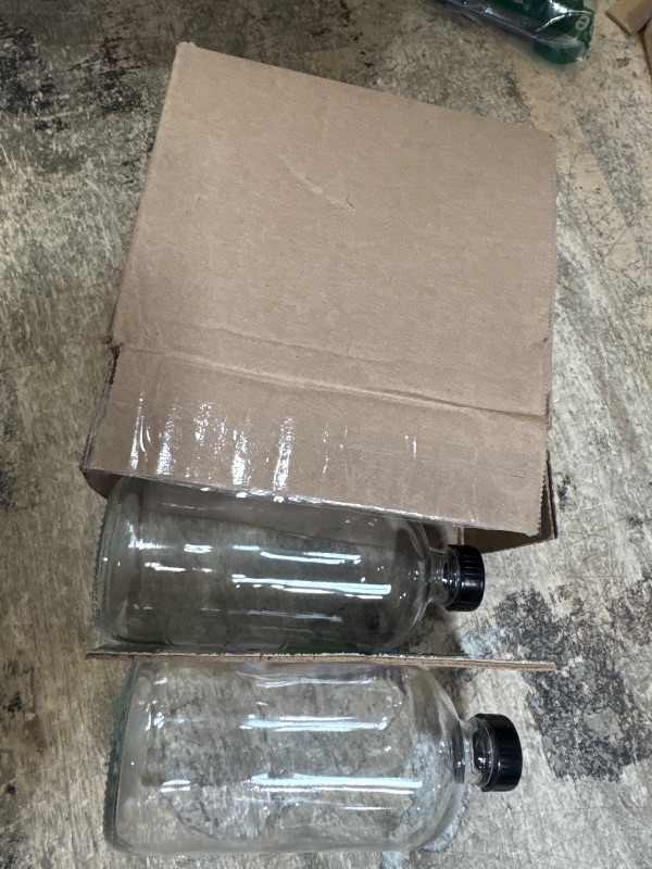 Photo 1 of (2 Pack) - 16 oz Clear Glass Boston Round Bottles with Black 28-400 Airtight Phenolic Polycone Caps - Perfect Glass Containers for Secondary Fermentation, Storing condiment, Homemade Essential Oils