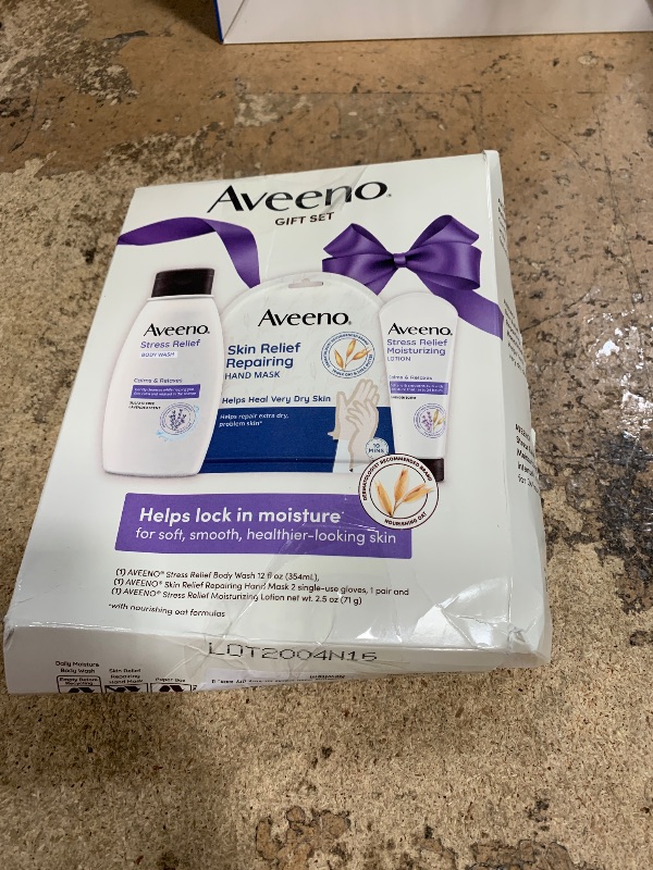 Photo 1 of Aveeno Stress Relief Gift Set, Skincare Set for Sensitive Skin with Soothing Body Wash & Moisturizing Body Lotion, plus, Skin Relief Repairing Hand Masks for Very Dry Skin, 3 Items