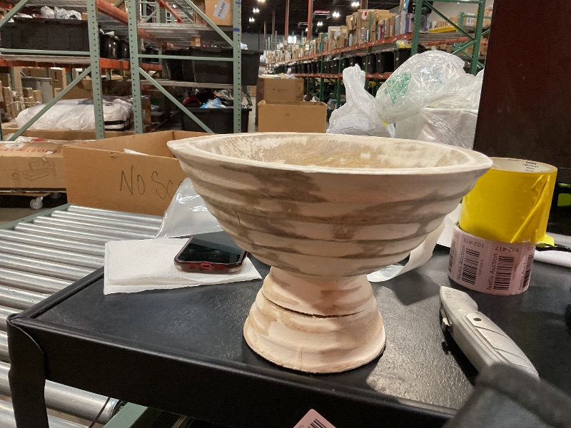 Photo 1 of Creative Co-Op Boho Wood Pedestal Serving Bowl, White Wash Finish