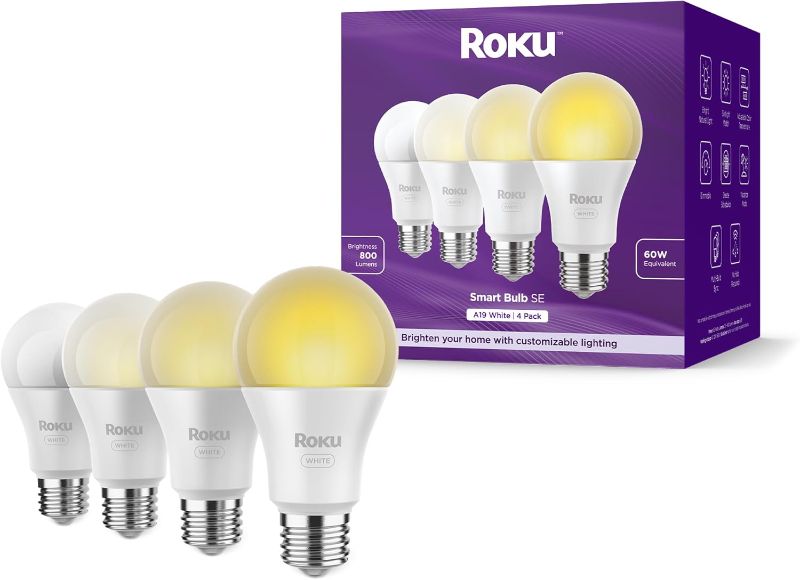 Photo 1 of Roku Smart Light Bulbs (White, 4-Pack) - Dimmable A19 Lightbulbs with Adjustable Brightness & Temperature - WiFi Smart Bulbs Works Voice, Alexa & Google Assistant, No Hub Required