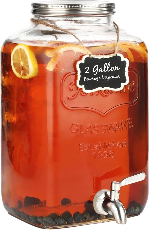 Photo 1 of 2 Gallon Glass Drink Dispensers for Parties, Sun Tea 100% Leakproof Beverage Dispenser, 2 Press-Spigots(Easy for kids) Fruit Infuser, Chalkboard Mason Jar Drink Dispensers with Lids