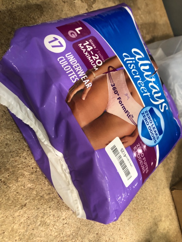 Photo 1 of Always Discreet Adult Incontinence & Postpartum Underwear for Women, Maximum, Large, 17 Count (Packaging May Vary)