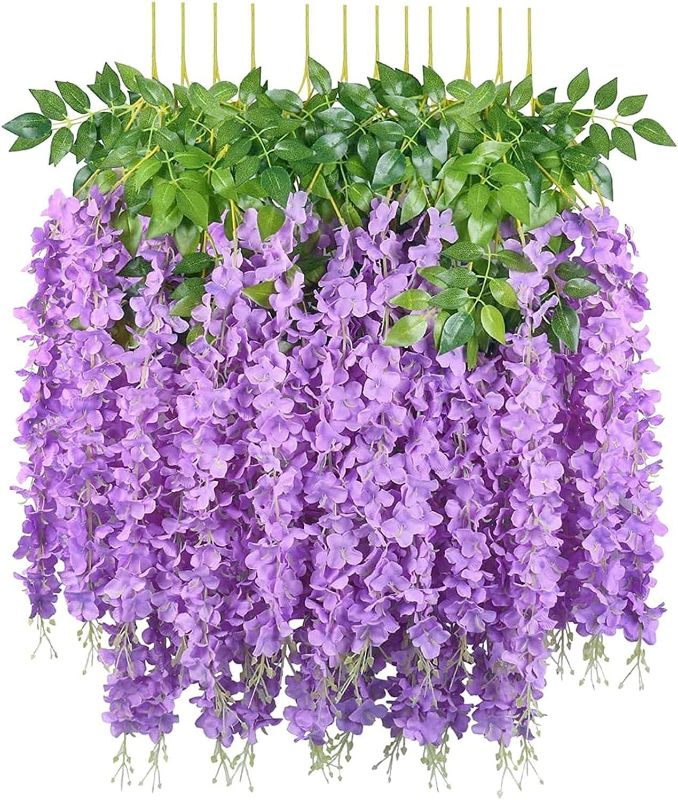 Photo 1 of 12 Pack 3.75 Feet/Piece Artificial Fake Wisteria Vine Ratta Hanging Garland Silk Flowers String Home Party Wedding Decor (Light Purple)
