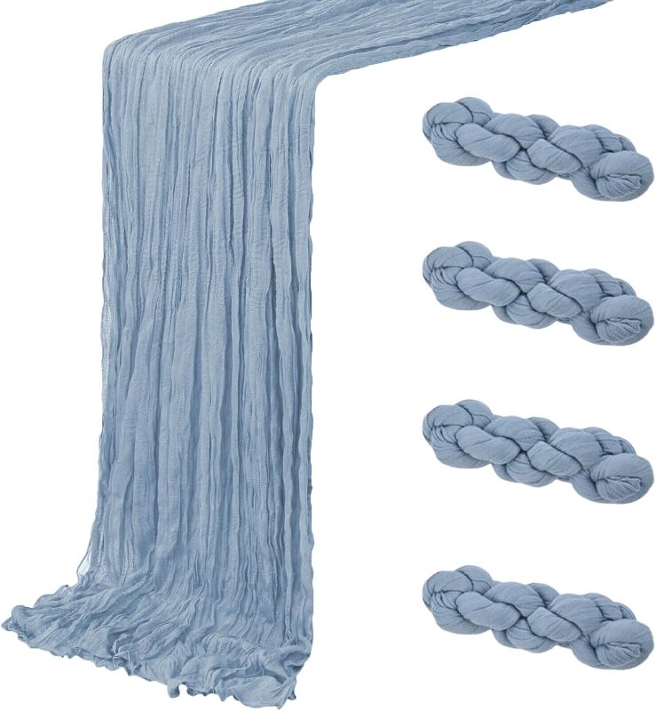 Photo 1 of 4 Pack Dusty Blue Cheesecloth Table Runner 20 x 120 inch Gauze Table Runners 10 FT Long,Semi Sheer Boho Cheese Cloth Fabric Table Runner Bulk for Wedding,Party,Baby Shower,Bridal Shower Decoration
