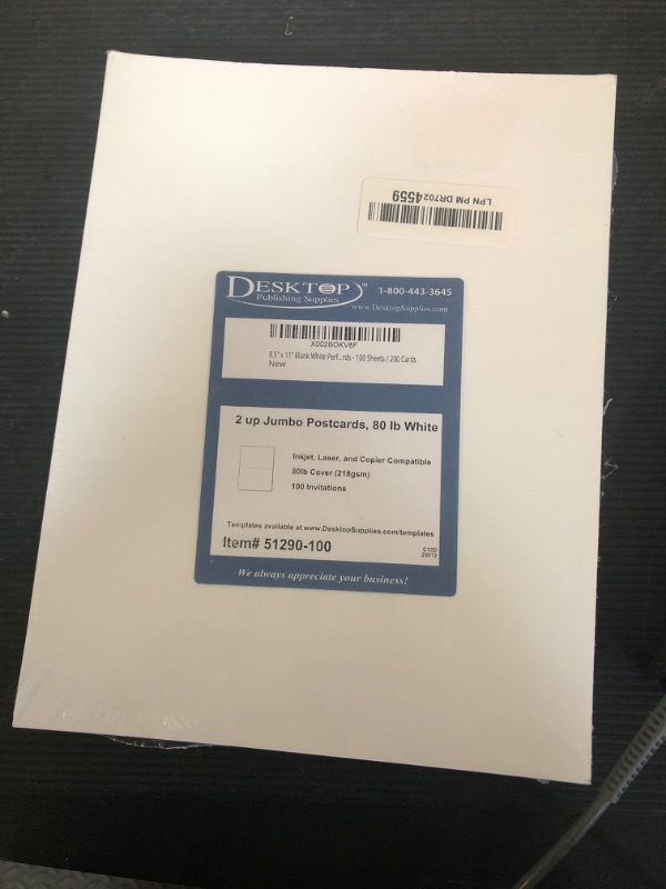 Photo 1 of 8.5" x 11" Blank White Perforated Cardstock Paper - 2 Per Sheet Breaks to 5.5" x 8.5" - Inkjet/Laser Printable - for Postcards, Flash Cards, Index Cards - 100 Sheets / 200 Cards