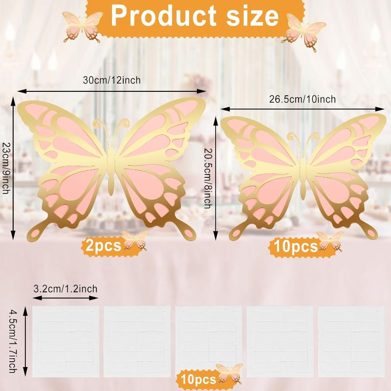 Photo 1 of 12 Pcs 3D Large Butterfly Party Decoration Paper Butterfly Stickers in 2 Different Size Wall Mural Set for Birthday Baby Shower Nursery Bedroom Wedding(Gold and Pink)