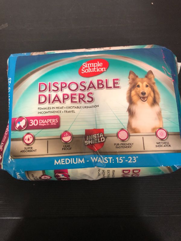 Photo 1 of Simple Solution Disposable Dog Diapers, Female Dog Diapers, Puppy Potty Training, Incontinence and Heat Cycle Protection, Medium Diapers for Dogs, 15-23 Inch Waist, 30 Count