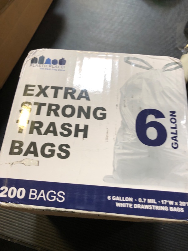 Photo 1 of Plasticplace 6 Gallon Trash Bags, 0.7 Mil, White Drawstring Garbage Can Liners, 17" x 20" (200 Count)