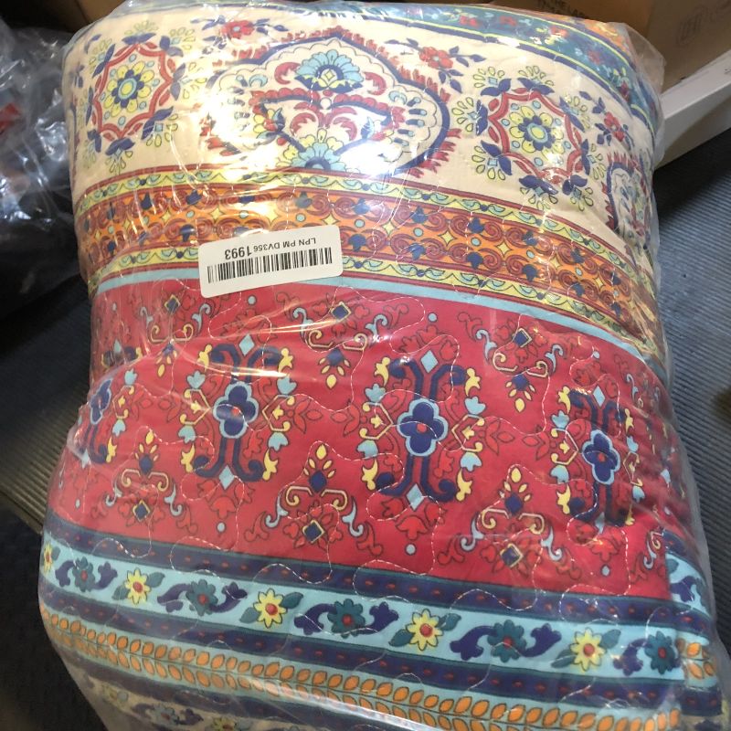 Photo 1 of 3 Pieces Colorful Bohemian Quilt Set King Size, Boho Striped Blue n Red Printed Bedding Bedspread Coverlet Set for Summer, Soft Lightweight Microfiber Quilt with 2 Shams (102x88 inces)