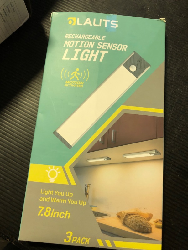 Photo 1 of Under Cabinet Lighting, Equipped with Motion Sensor, Rechargeable Battery Operated?3-Level Adjustable Brightness, 3 Pack Magnetic Under Counter Lights for Kitchen, Closet, Pantry, 7.8"