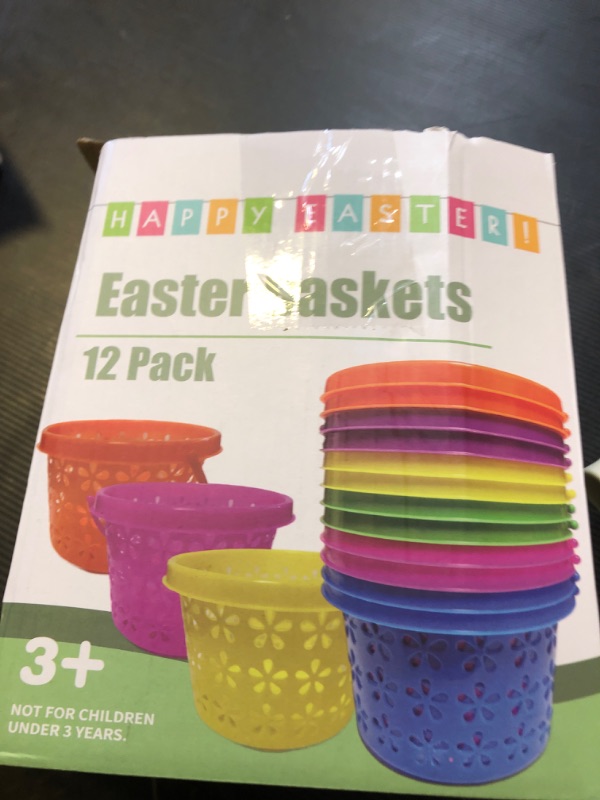 Photo 1 of 12 Pack Easter Baskets for Kids, Plastic Easter Bags with Handles, Easter Bucket Bags Filled with Grass for Easter Egg Hunt, Perfect Theme Party Favors