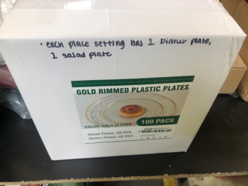 Photo 1 of Lullaby 100PCS Clear Plastic Plates with Gold Rim, Includes 50pcs Dinner Plate 10” and 50pcs Dessert Plate 7”, Disposable Heavyduty Plates for Birthdays, Parties and Wedding