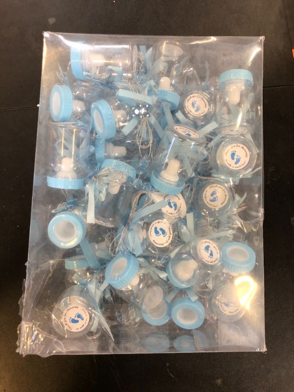 Photo 1 of 62 Pcs 3.5 Inch Baby Mini Milk Bottle Baby Shower Favor with 500 Adhesive Thank You for Showering Stickers, Small Plastic Bear Candy Bottle with Ribbon for Boy Girl Newborn Baptism Party Decor (Blue)