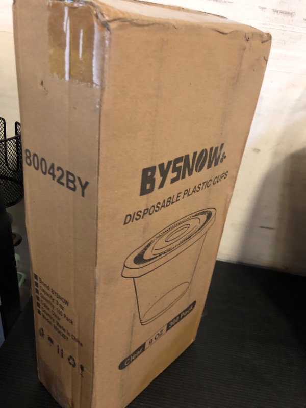 Photo 1 of BYSNOW 100 Packs 9 oz Clear Plastic Cups with Flat Lids, Disposable Cups with Lids, Reusable Plastic Dessert Cups for Ice Cream, Cake, Snacks, Fruit, Cold Drinks, Milkshake, Pudding, Salad