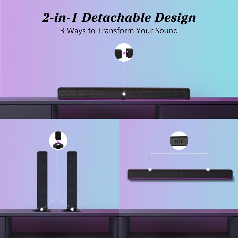 Photo 1 of TV Sound Bar, Soundbar with RGB LED Lights & 2.1CH Bluetooth Speaker Surround System, 180W Surround Sound, AUX/Optical/HDMI ARC Home Theater Speaker, 2 in 1 Detachable for Smart TV/Projector/Gaming/PC