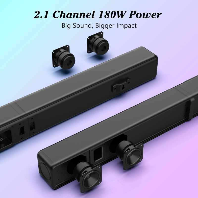 Photo 1 of TV Sound Bar, Soundbar with RGB LED Lights & 2.1CH Bluetooth Speaker Surround System, 180W Surround Sound, AUX/Optical/HDMI ARC Home Theater Speaker, 2 in 1 Detachable for Smart TV/Projector/Gaming/PC