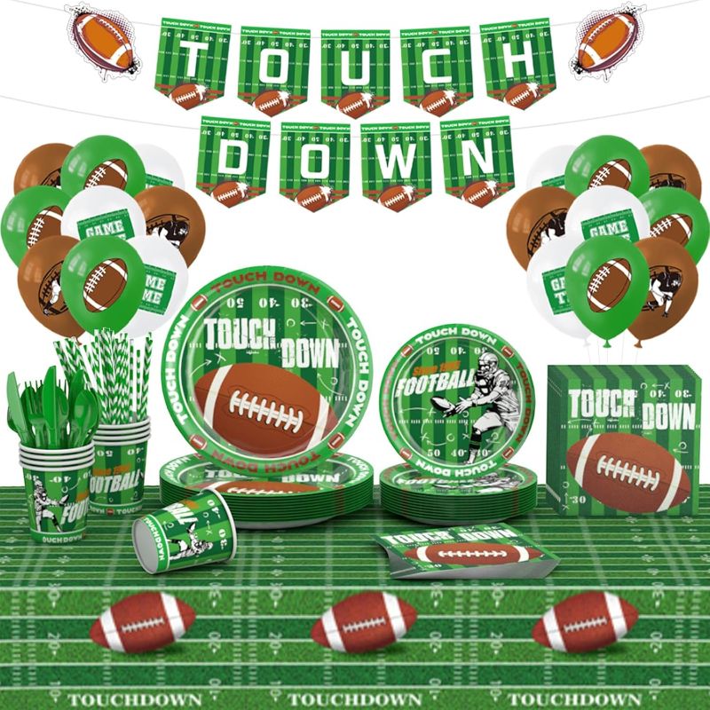 Photo 1 of 166 Pcs Football Party Decoration Supplies Set for 16 Included Dinner and Dessert Plates Napkins Cups Forks Knife Spoons Touch Down Backdrop Tablecloth Balloons for Kid Adult Super Football Bowl Party
