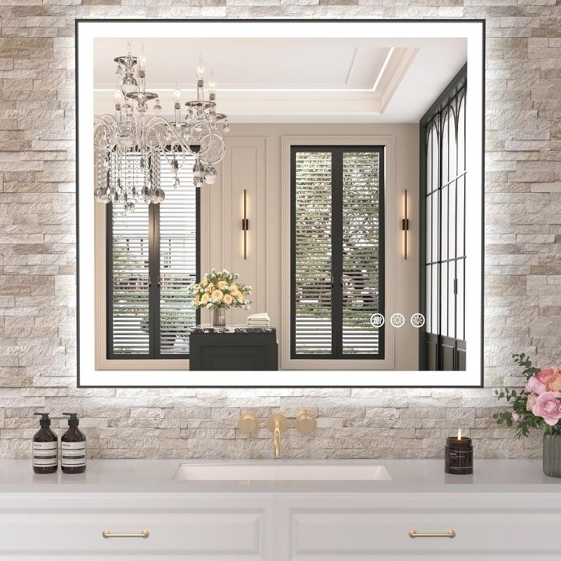 Photo 1 of Amorho 40" X36" LED Bathroom Mirror with Black Frame, Front Light and Backlit(Controlled Separately), Stepless Dimmable, Anti-Fog, Shatter-Proof, 3 Colors, Memory
