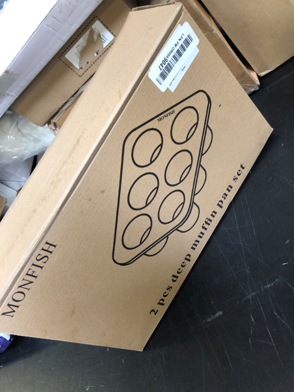 Photo 1 of Monfish 2PCS Deep Jumbo Muffin Pan 6 Cup Carbon Steel Black Stone non Stick Coating Muffin Tin 3.5diax3 cup