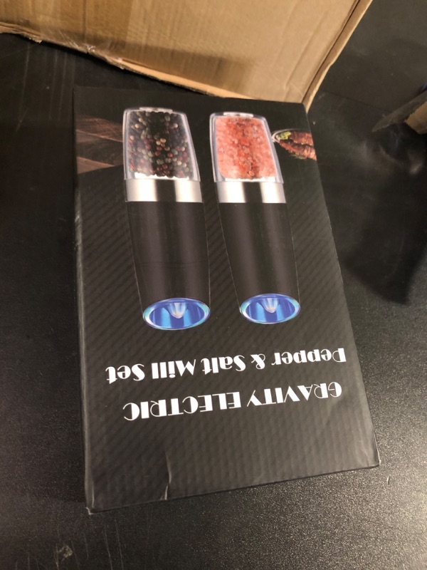 Photo 1 of Sweet Alice Gravity Electric Pepper and Salt Grinder Set, Adjustable Coarseness, Battery Powered with LED Light, One Hand Automatic Operation, Stainless Steel Black, 2 Pack