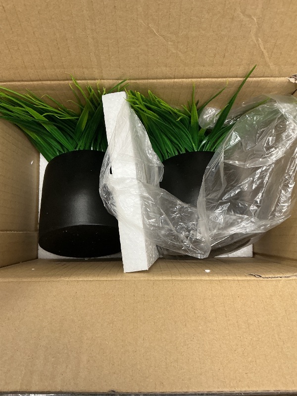Photo 1 of MyGift Tabletop Artificial Grass Plants Decorative Faux Greenery Plant Potted in Modern Cylindrical Black Cement Pots, Set of 2