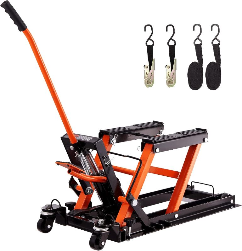 Photo 1 of VEVOR Hydraulic Motorcycle Lift Jack 1500 LBS Capacity ATV Scissor Lift Jack Portable Motorcycle Lift Table with 4 Wheels Hydraulic Foot-Operated Hoist Stand for Motorcycle ATV UTV Powersports
