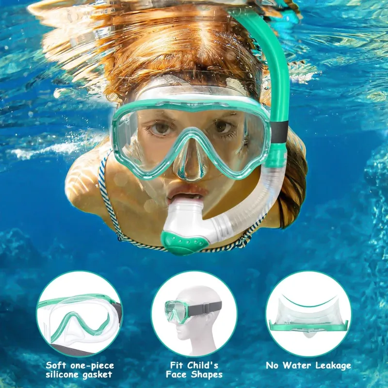 Photo 1 of Vvinca Snorkeling Gear for Kids Dry Top Kids Snorkel Set for Boys Girls Junior Youth Children Age 4-14 Swim Goggles with Nose Cover Anti-Fog Panoramic View Adjustable Elastic Diving Mask and Snorkel