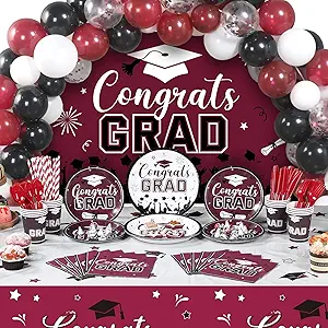 Photo 1 of Tatuo 277 Pcs Graduation Decoration Class of 2025 Party Supplies Kit Congrats Balloons Grad Party Disposable Dinnerware Backdrop Tablecloth for High School College Grad Celebration, Serves 24(Maroon)
