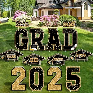 Photo 1 of Graduation Yard Sign, 14 PCS Black Gold Large Congrats Grad Lawn Stakes, Class of 2025 Yard Signs with Stakes, Graduation Party Decorations Outdoor, Graduation Yard Decor for College High School