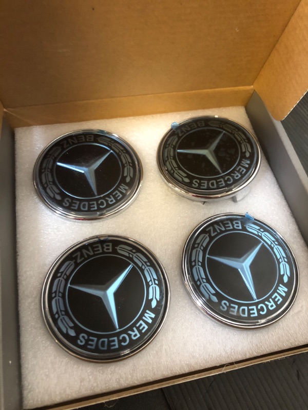 View 2 of Floating Auto Light Wheel Center caps 75mm/2.95'' for Mercedes Benz All serise,Retrofit Wheel Center caps to fit Stock Wheels-4pcs (Black Emblem)