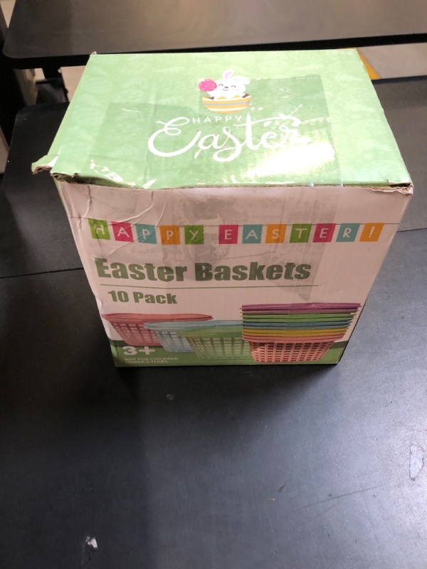 Photo 1 of AUUGUU 10 Pack Easter Baskets for Kids, Plastic Easter Bags with Handles, Easter Bucket Bags Filled with Grass for Easter Egg Hunt, Perfect Theme Party Favors