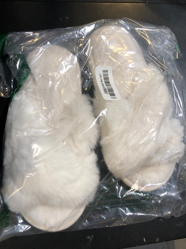 Photo 1 of Evshine Women's Fuzzy Slippers Cross Band Memory Foam House Slippers Open Toe Indoor Outdoor Shoes, White, 38-39 (Size 7-8)