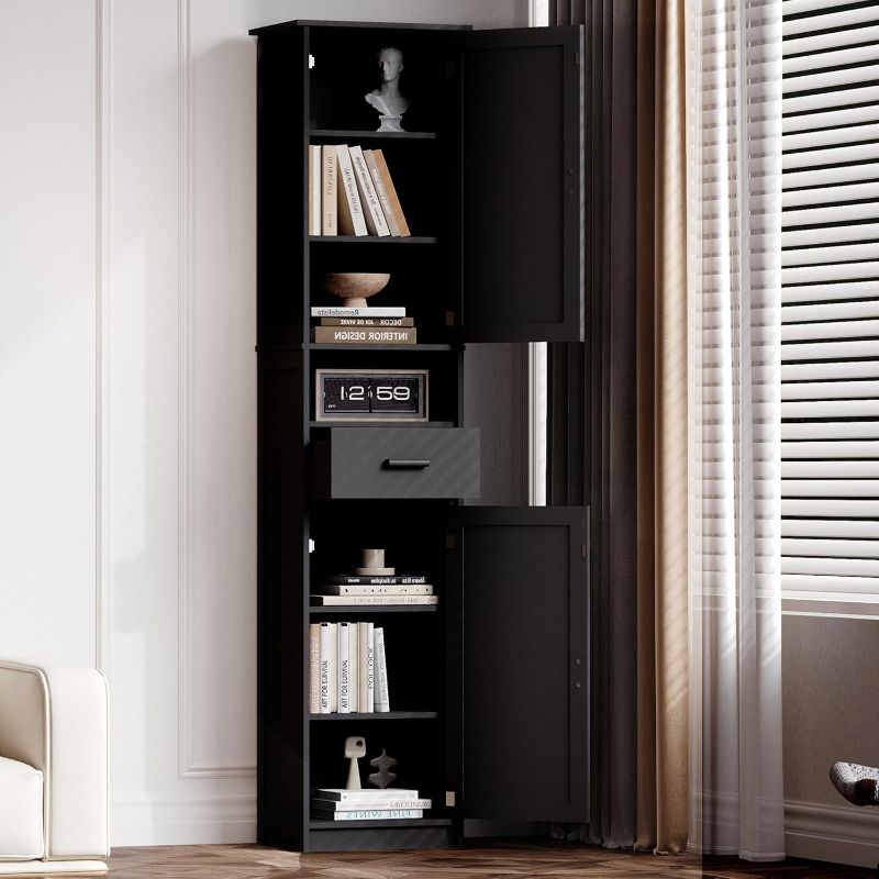 Photo 1 of 69“ Tall Bathroom Cabinet Features 2 Doors, 1 Open Shelf Drawer, and 1 Closed Drawer, 2 Adjustable Shelves. Suitable for Bathrooms, Living Rooms, or Kitchens (Black)

