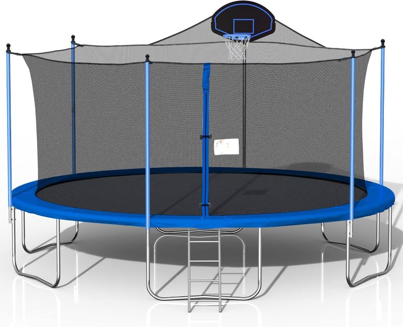Photo 1 of 16 ft. Trampoline with Basketball Hoop Outdoor Trampolines with Ladder and Safety Enclosure Net for Kids and Adults Blue