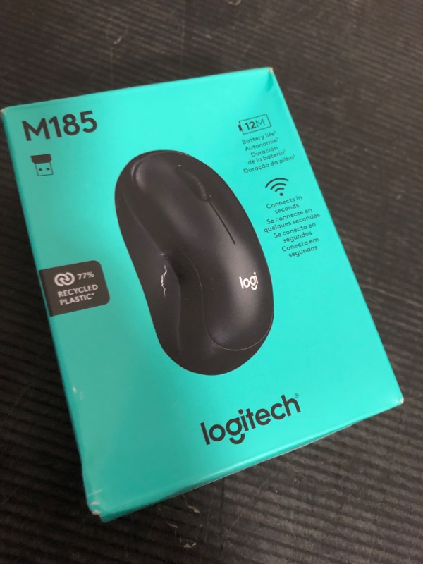 Photo 1 of Logitech M185 Wireless Mouse, 2.4GHz with USB Mini Receiver, 12-Month Battery Life, 1000 DPI Optical Tracking, Ambidextrous, Compatible with PC, Mac, Laptop - Black