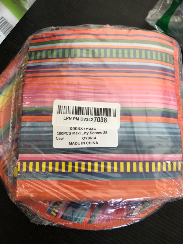 Photo 1 of 100PCS Mexican Serape Fiesta Party Plates and Napkins Party Supplies Colorful Stripes Mexico Platters Tableware Set Party Decor Favors for Mayo Dance Pinata Taco Colorful Ponchos Theme Party Serves 25