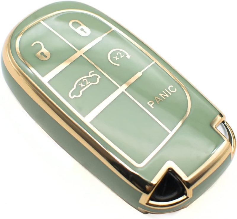 Photo 1 of   Key Fob Cover Compatible with Jeep Grand Cherokee Renegade Chrysler 200 300 Dodge RAM Durango Challenger Journey Dart Fiat TPU Remote Keyless Key Fob Case Protection Shell Accessories, Green
