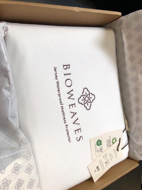 Photo 1 of Bioweaves Organic Cotton Jersey Waterproof Mattress Protector Cal King |52" x 28"| GOTS Certified Mattress Cover with Jersey Cotton Skirt, Breathable & Noiseless Top Layer, 17 Inch Deep Pocket, White