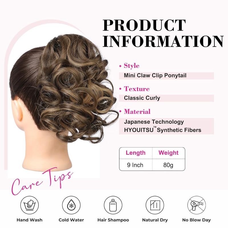 Photo 1 of REECHO Ponytail Extension, 9" Claw Clip in Short Curly Wavy Pony Hair Extension Jaw Clip on Pony Tail HP001 Hairpiece for Women - Chocolate Brown with Highlights