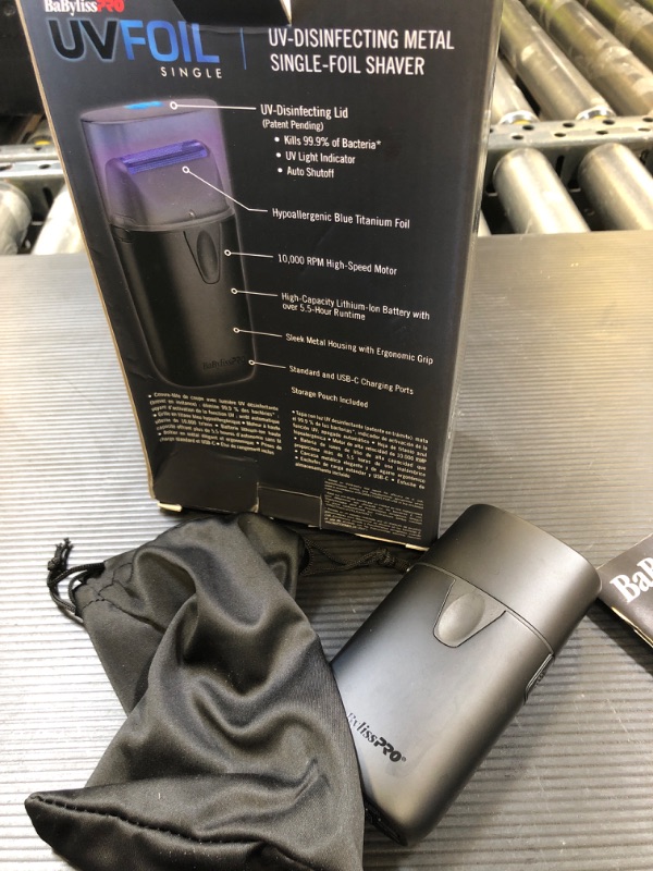 Photo 1 of BaBylissPRO UVFOIL UV-Disinfecting Metal Single Foil Shaver, UV-Disinfecting Lid, Lithium-Ion Battery with Over 5.5-Hour Runtime, Black