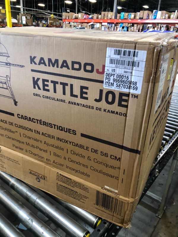 Photo 1 of Kamado Joe Kettle Joe 22-inch Kettle Charcoal Grill with Hinged Lit, Cart, Side Shelves and SloRoller Hyperbolic Slow Smoker Chamber in Red, Model KJ15040320